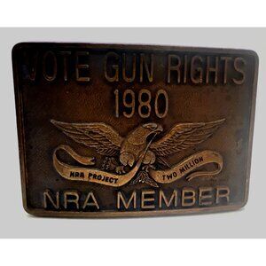 Vintage Black Leather Belt W/ 1980 NRA Member Vote Gun Rights Eagle Buckle 34-35